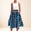 Jupe en wax Saida, motif ronds et croix bleu blanc et noir, taille haute smockée