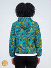 Bomber à capuche en wax jaune, bleu et noir