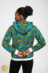 Bomber à capuche en wax jaune, bleu et noir – style africain moderne