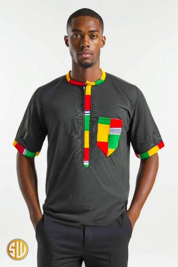 Chemise Africaine Homme – Élégance Noire & Touches Colorées