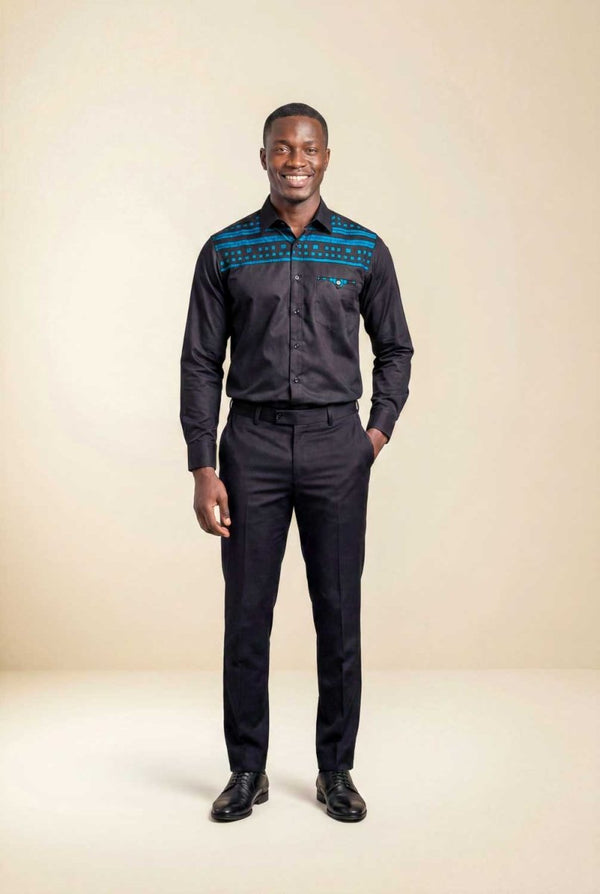 Chemise homme wax & coton - empiècement bleu canard sur noir
