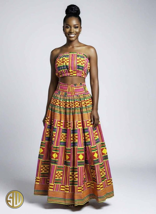 Ensemble africain en wax – Jupe longue et top bandeau