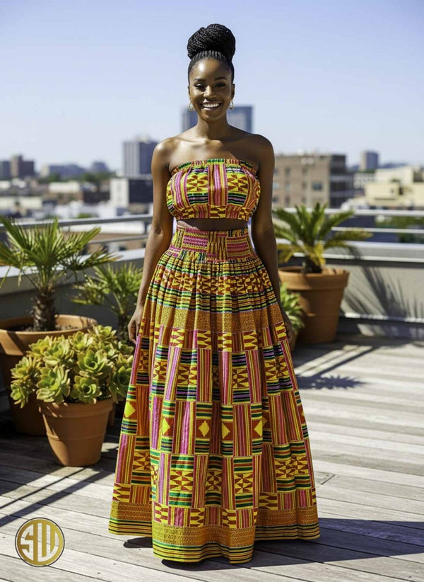 Ensemble africain en wax – Jupe longue et top bandeau