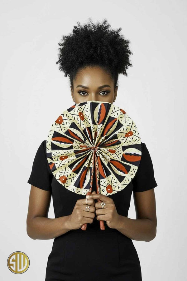 Éventail africain en wax bogolan – Manche en cuir fait main