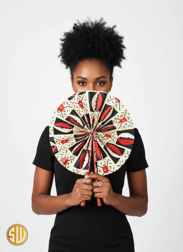Éventail africain en wax bogolan – Manche en cuir fait main