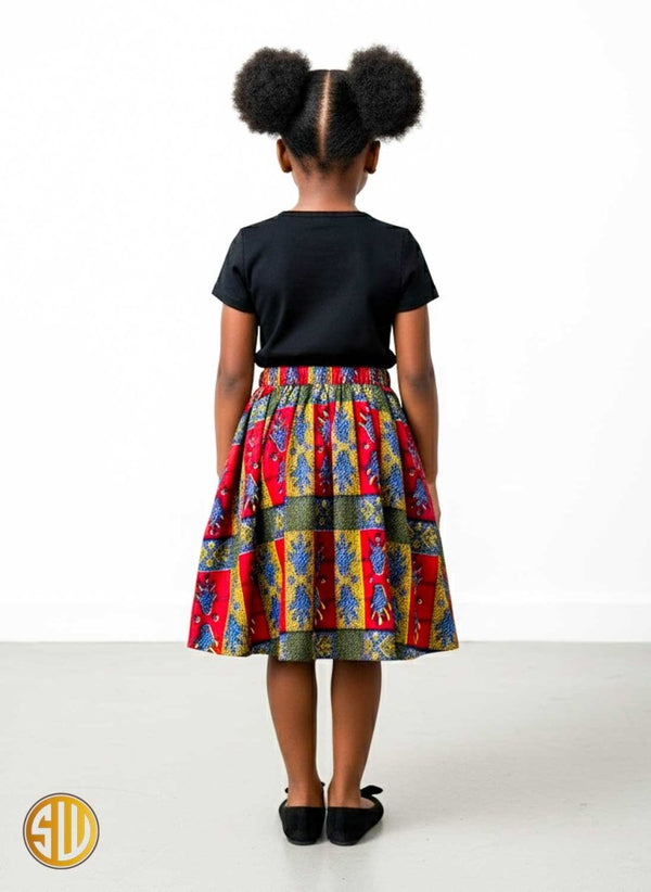 Jupe évasée en wax rouge et vert pour fille - SublimeWax