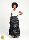 Jupe longue bleu nuit à motifs africains blancs – Taille élastiquée