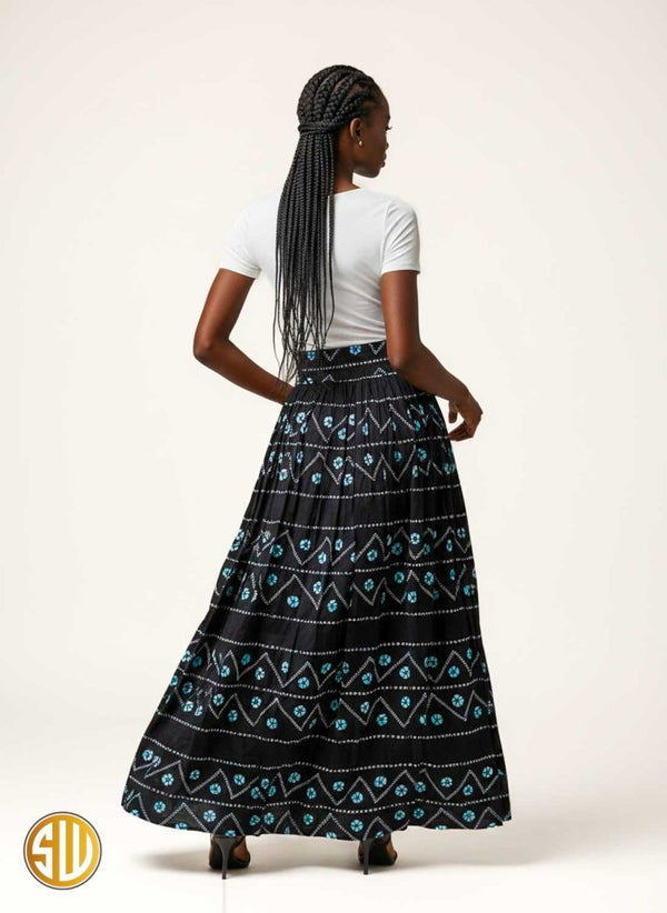 Jupe longue bleu nuit à motifs africains blancs – Taille élastiquée
