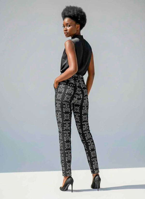 Pantalon en wax – Motif bogolan noir et blanc
