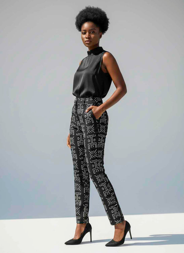 Pantalon en wax – Motif bogolan noir et blanc