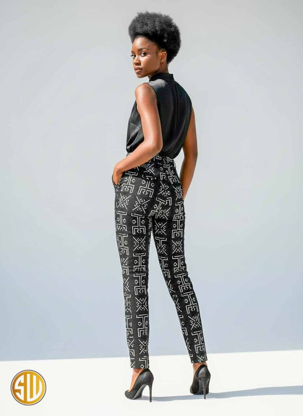 Pantalon en wax – Motif bogolan noir et blanc