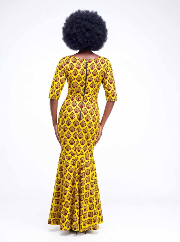 Robe africaine en wax jaune – coupe sirène élégante et moderne