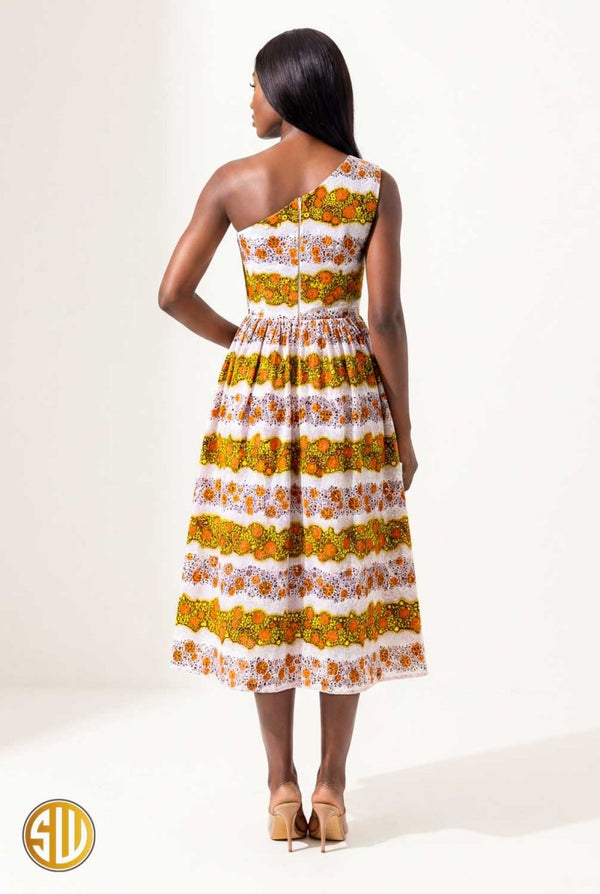 Robe asymétrique en wax une épaule – Orange & Jaune