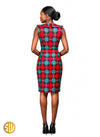 Robe crayon en wax sans manches à carreaux africains rouge et vert