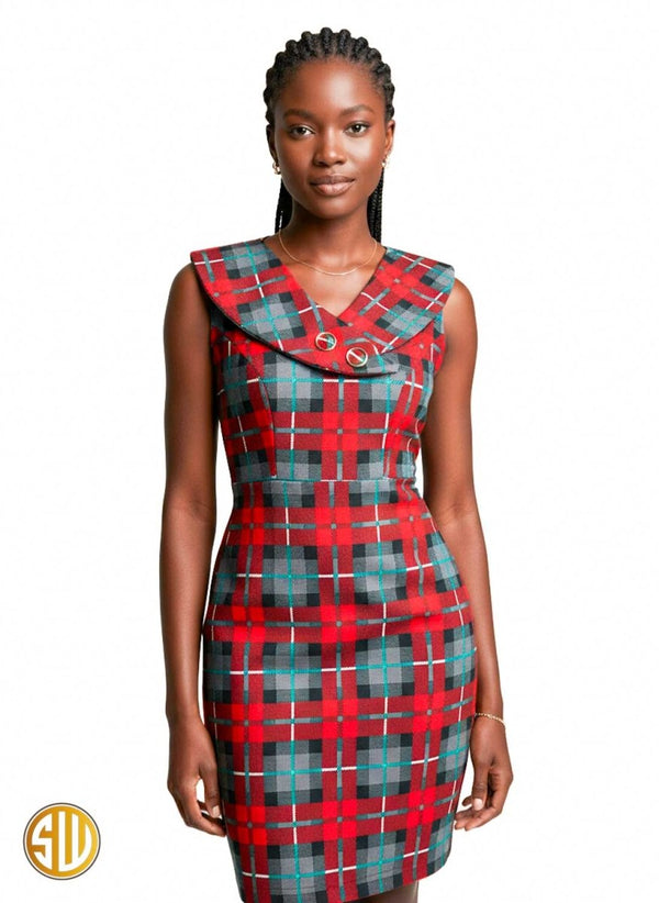 Robe crayon en wax sans manches à carreaux africains rouge et vert