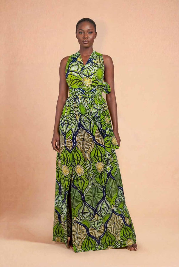 Robe infinity en wax verte – robe modulable élégante et polyvalente