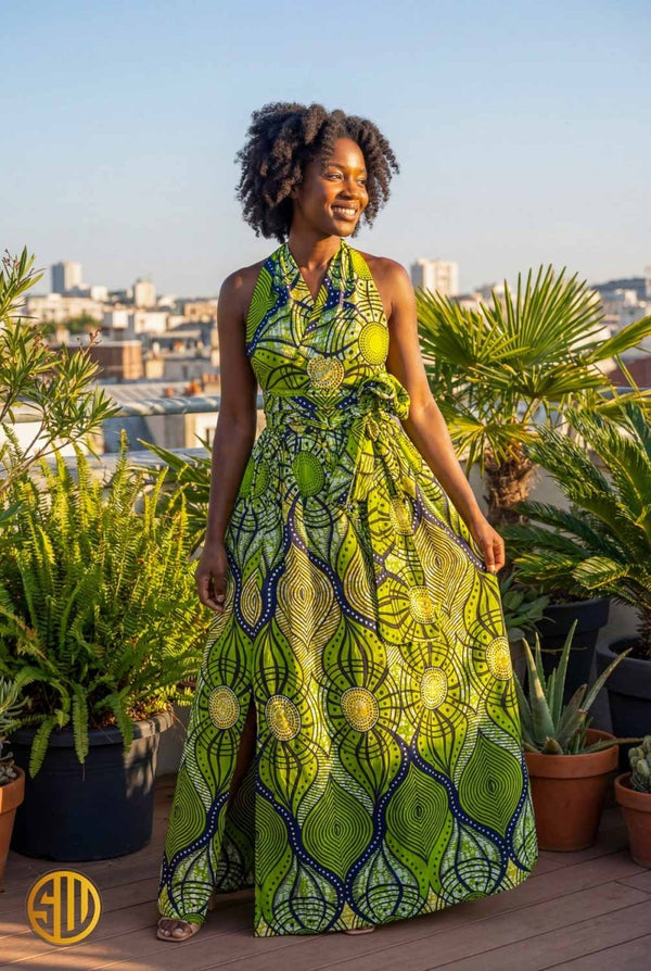 Robe infinity en wax verte – robe modulable élégante et polyvalente