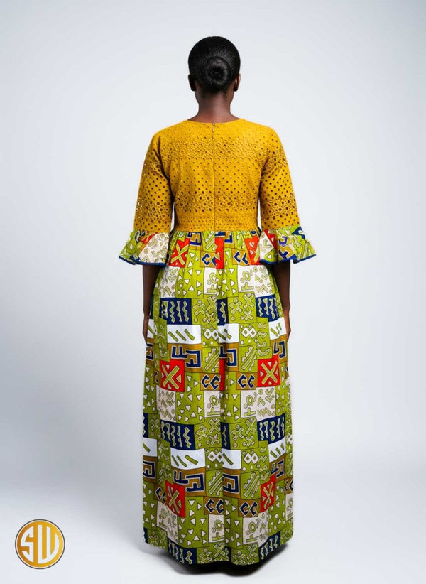 Robe longue africaine bi - matière brodée et wax avec poches – SublimeWax