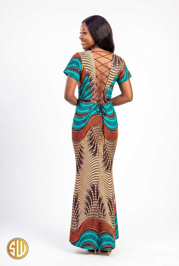 Robe longue sirène en wax – Laçage au dos
