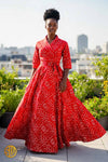 Robe longue wax Bogolan rouge – coupe portefeuille