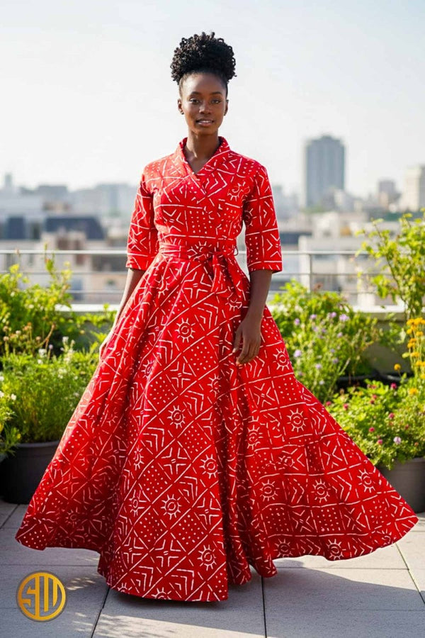 Robe longue wax Bogolan rouge – coupe portefeuille