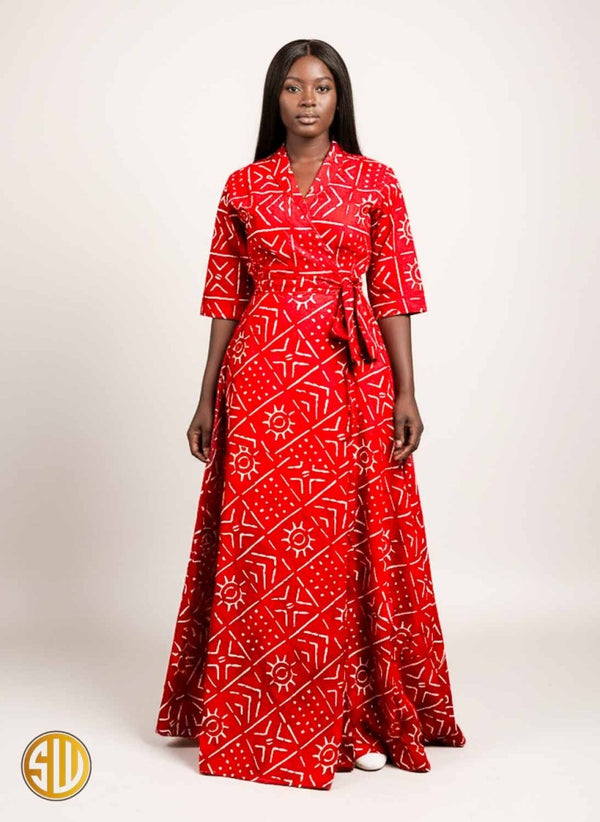 Robe longue wax Bogolan rouge – coupe portefeuille