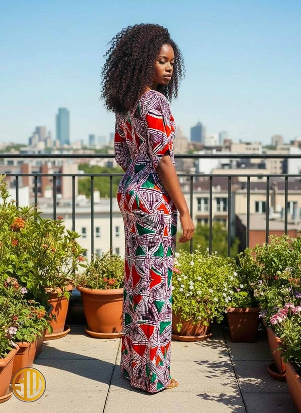 Robe longue wax multicolore – fente élégante et coupe ajustée