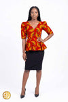 Top africain en wax rouge et orange – coupe peplum élégante