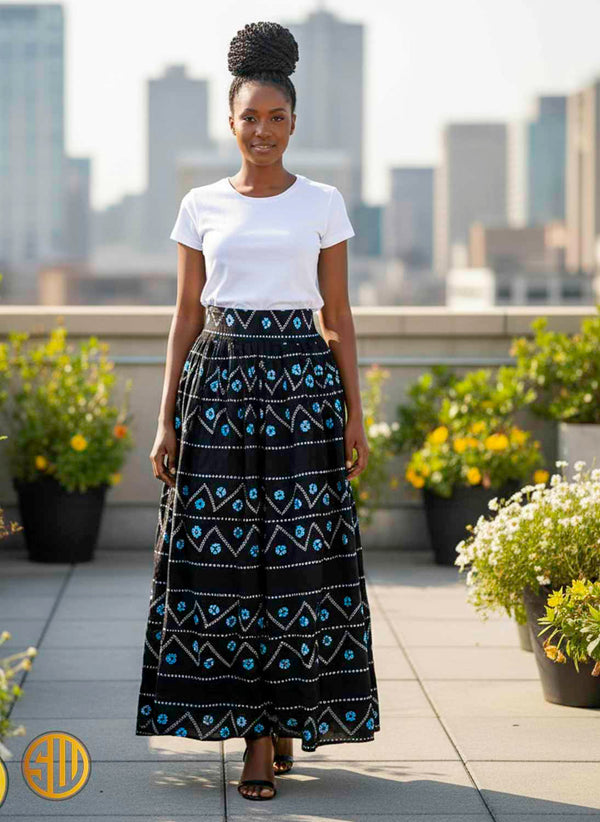 Jupe longue bleu nuit à motifs africains blancs – Taille élastiquée