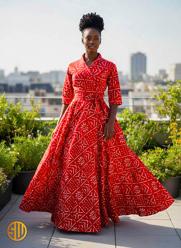 Robe Portefeuille Longue en Coton – Motif Bogolan Rouge et Blanc