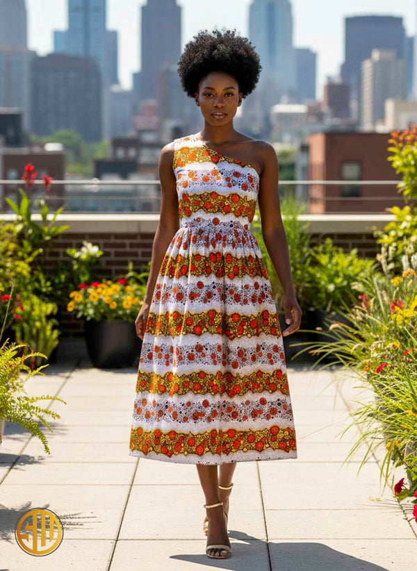 Robe asymétrique en wax une épaule – Orange & Jaune