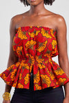Top africain en wax rouge et orange – bustier élastiqué