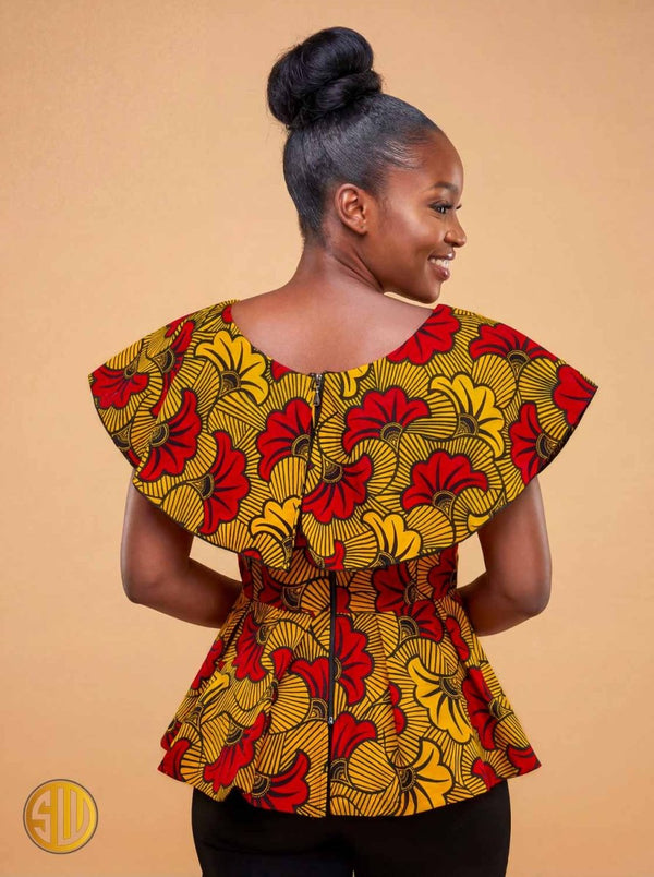 Top wax peplum jaune et rouge – coupe élégante