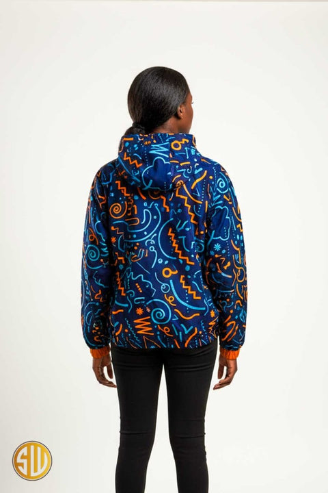Bomber à capuche en wax bleu marine et orange – style africain urbain