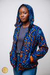 Bomber à capuche en wax bleu marine et orange – style africain urbain