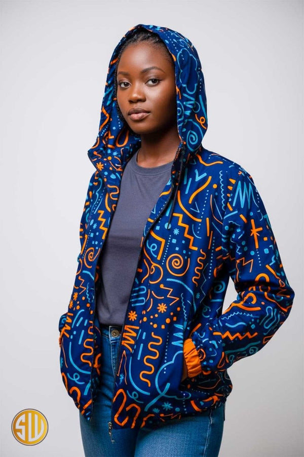 Bomber à capuche en wax bleu marine et orange – style africain urbain
