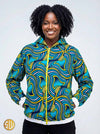 Bomber à capuche en wax jaune, bleu et noir