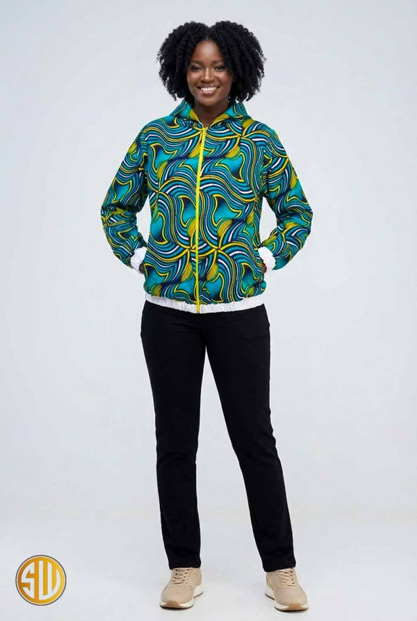 Bomber à capuche en wax jaune, bleu et noir
