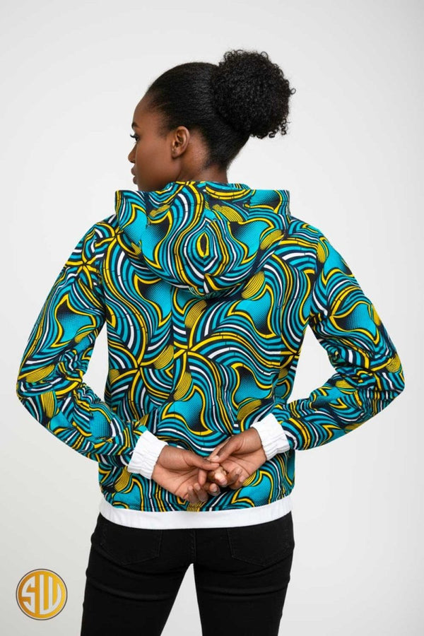 Bomber à capuche en wax jaune, bleu et noir – style africain moderne