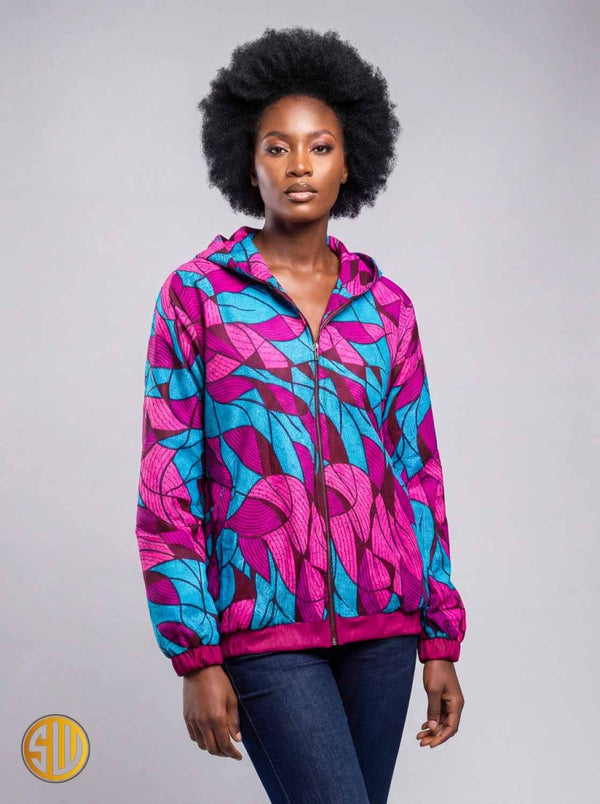 Bomber à capuche femme en wax rose et bleu