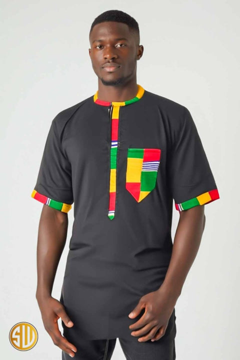 Chemise Africaine Homme – Élégance Noire & Touches Colorées