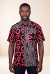 Chemise wax homme Kesho motifs géométriques rouge et noir coupe droite face