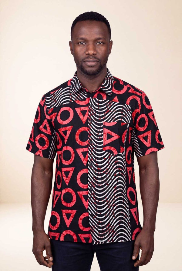 Chemise wax homme Kesho motifs géométriques rouge et noir coupe droite face