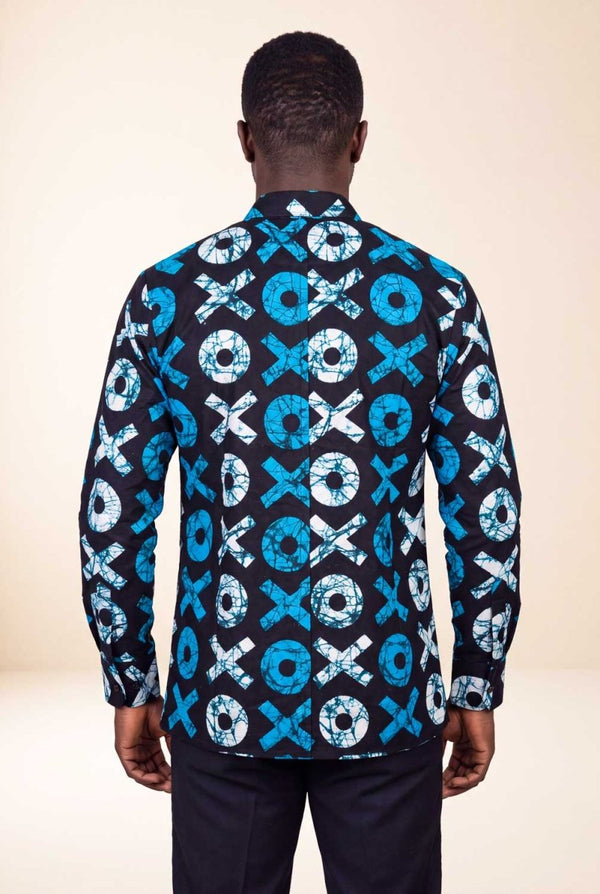 Chemise wax homme Ziwa manches longues col officier motif batik bleu