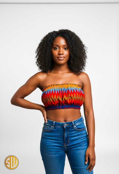 Crop top bustier en wax africain rouge, bleu et jaune