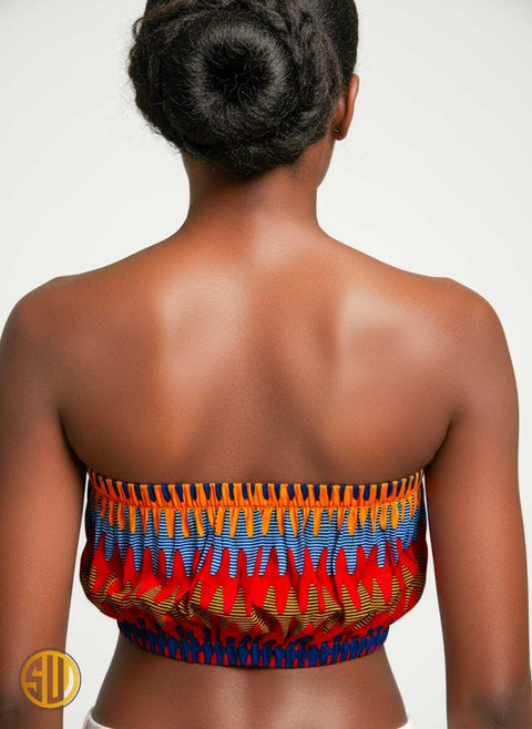Crop top bustier en wax africain rouge, bleu et jaune