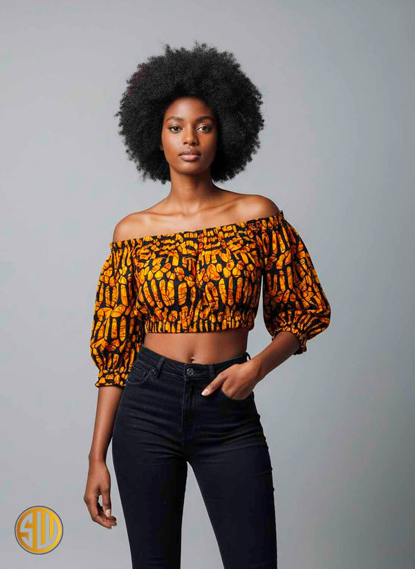 Crop top en wax africain – Blouse épaules dénudées