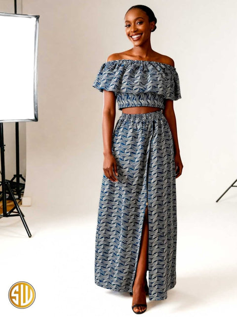 Ensemble deux pièces en wax – Top bardot et jupe fendue