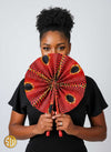 Éventail africain en wax orange et cuir – Fait main au Kenya