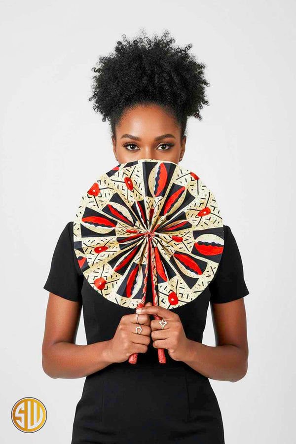 Éventail africain en wax bogolan – Manche en cuir fait main